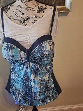 FREE COUNTRY Women's Oasis Bandeaux Tankini Top GRAY BLUE XL